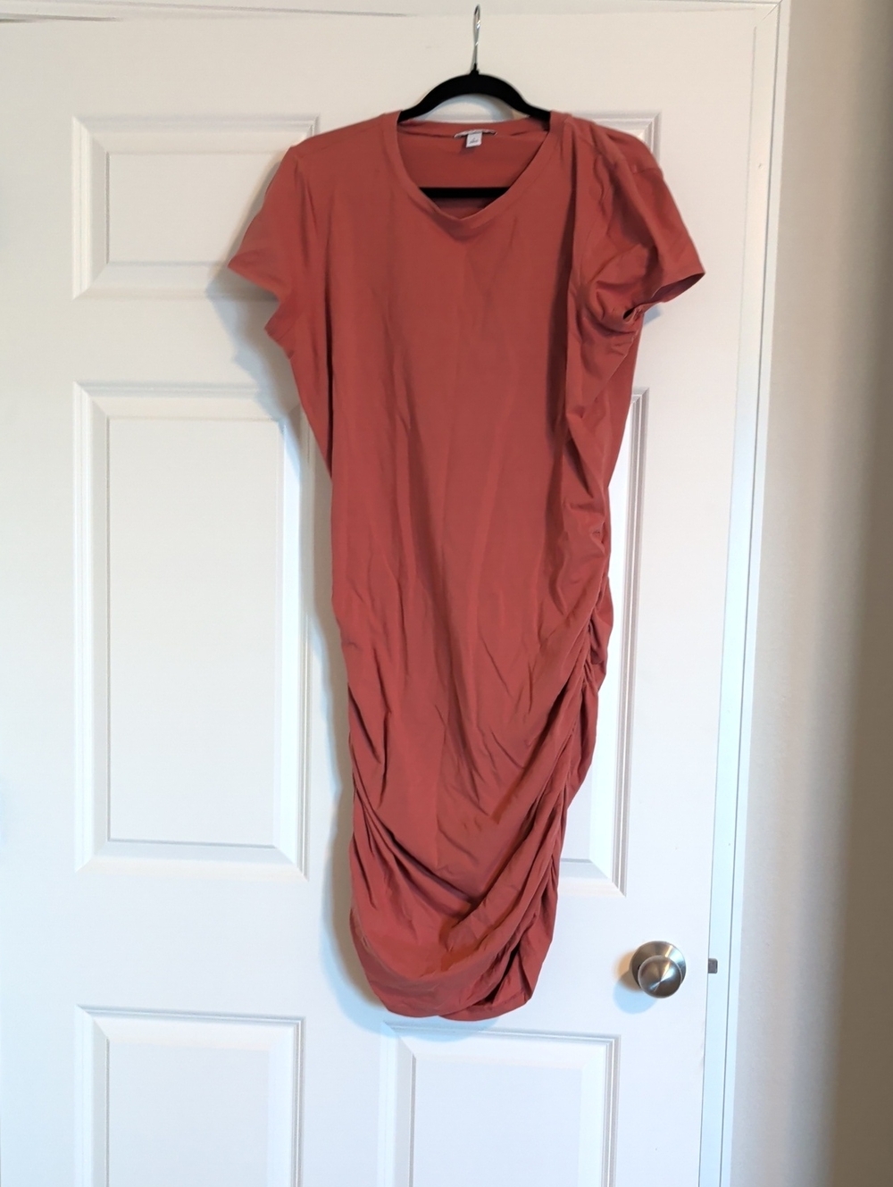 Ruched Short-Sleeve Midi Dress in Terracotta